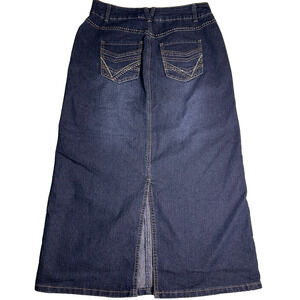 Christopher Banks Denim Maxi Skirt Womens 6 Dark Blue Modest Embroidered Pockets